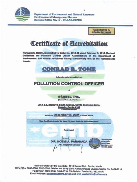 Pollution Control Officer (PCO) Certificate of Accreditation .
